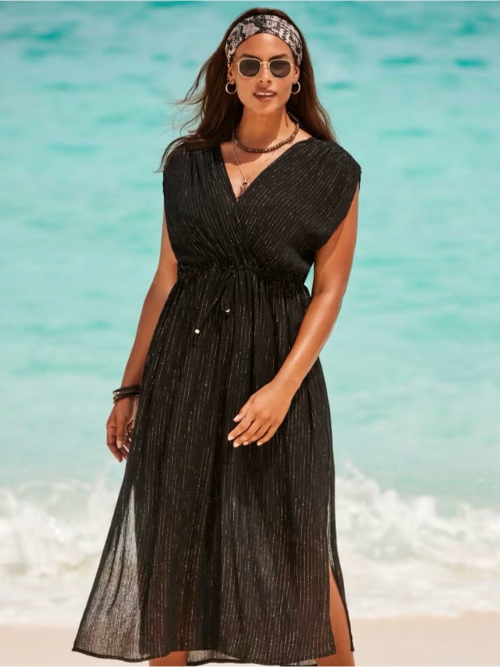 Shimmery Black Gold Metallic Stripe Maxi Swim Cover Size 14/16 NWT